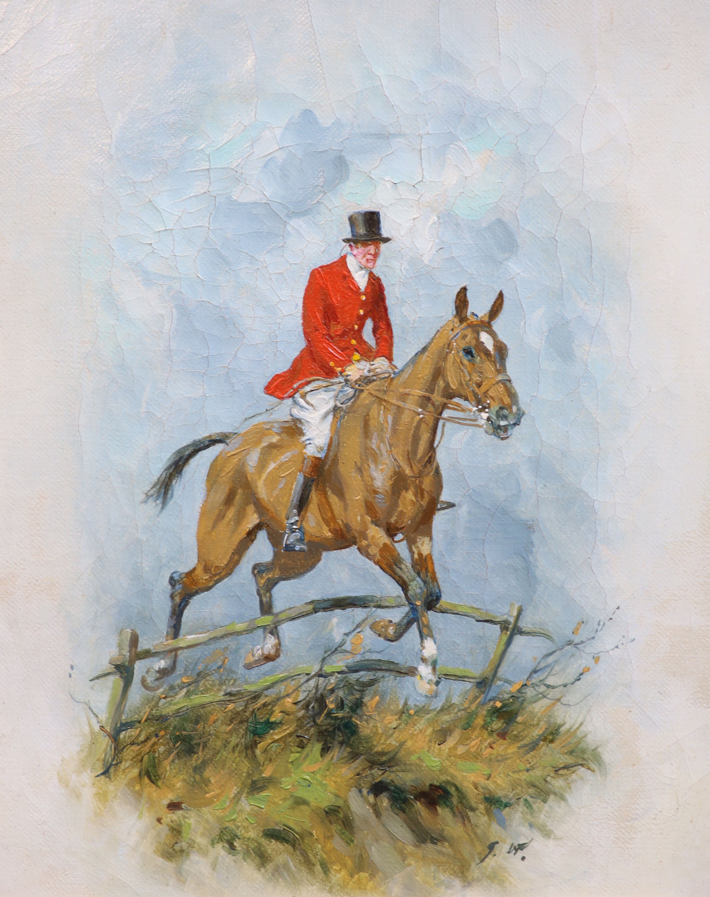 George Wright (1860-1942), Horse and huntsman taking a fence, Oil on canvas, 25.5 x 20 cm.
